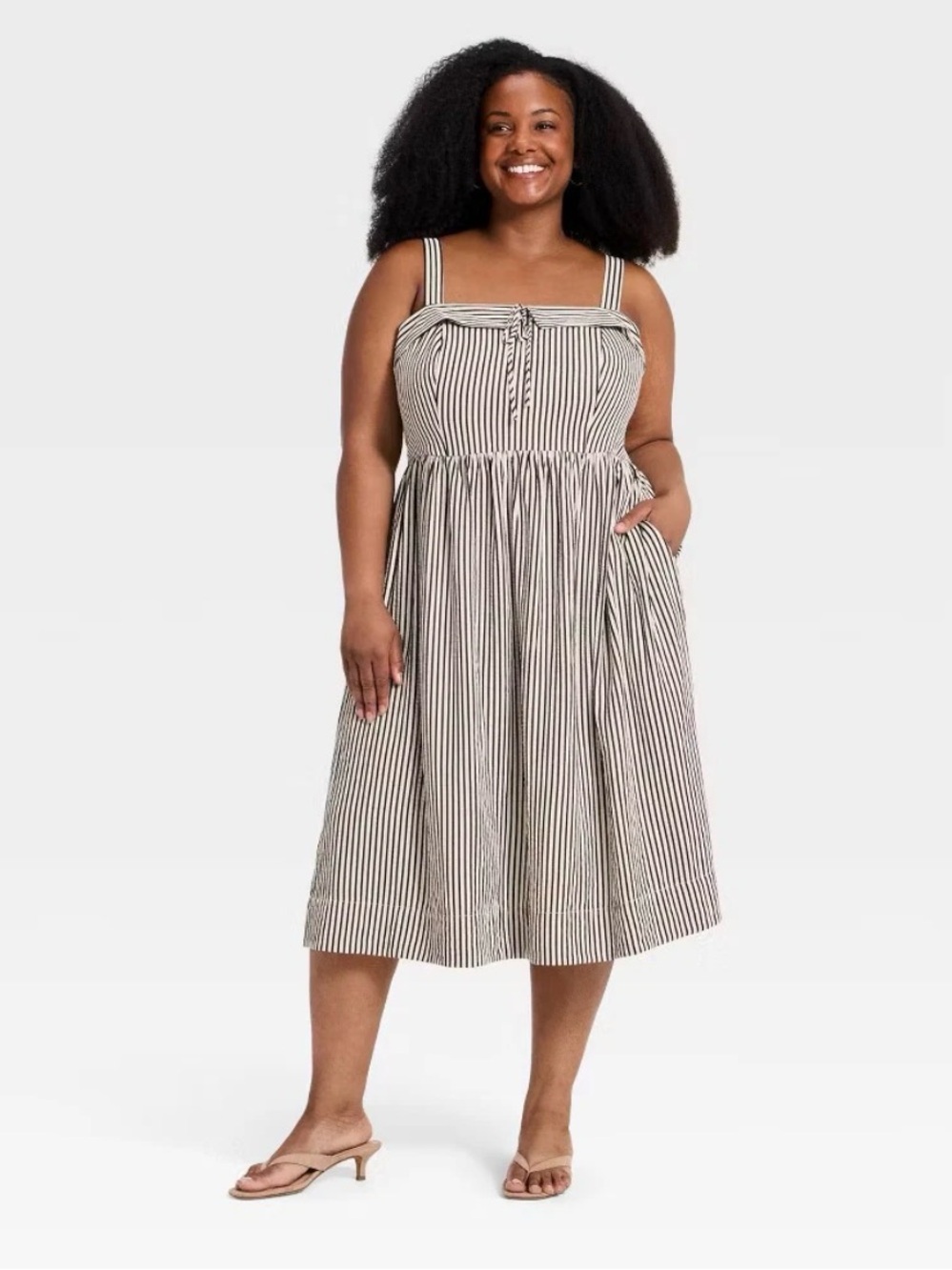 Ava & Viv Women's Plus Wide Strap Sleeveless Scoop Tie-Front Midi A-Line Dress